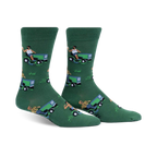 Pair of men's green crew socks. Features a repeating pattern of a man on a lawnmower, drinking a beer, against a green background.