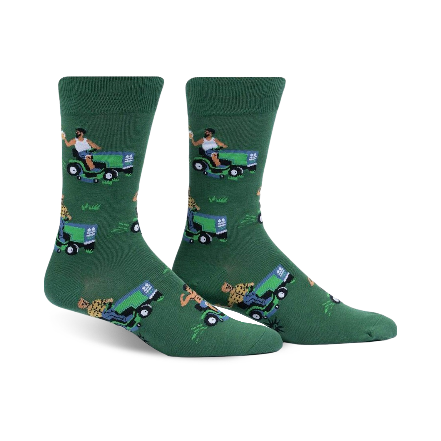 Pair of men's green crew socks. Features a repeating pattern of a man on a lawnmower, drinking a beer, against a green background.