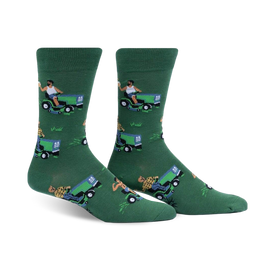 dark green crew socks featuring cartoon lawnmowers, perfect for gardening enthusiasts  