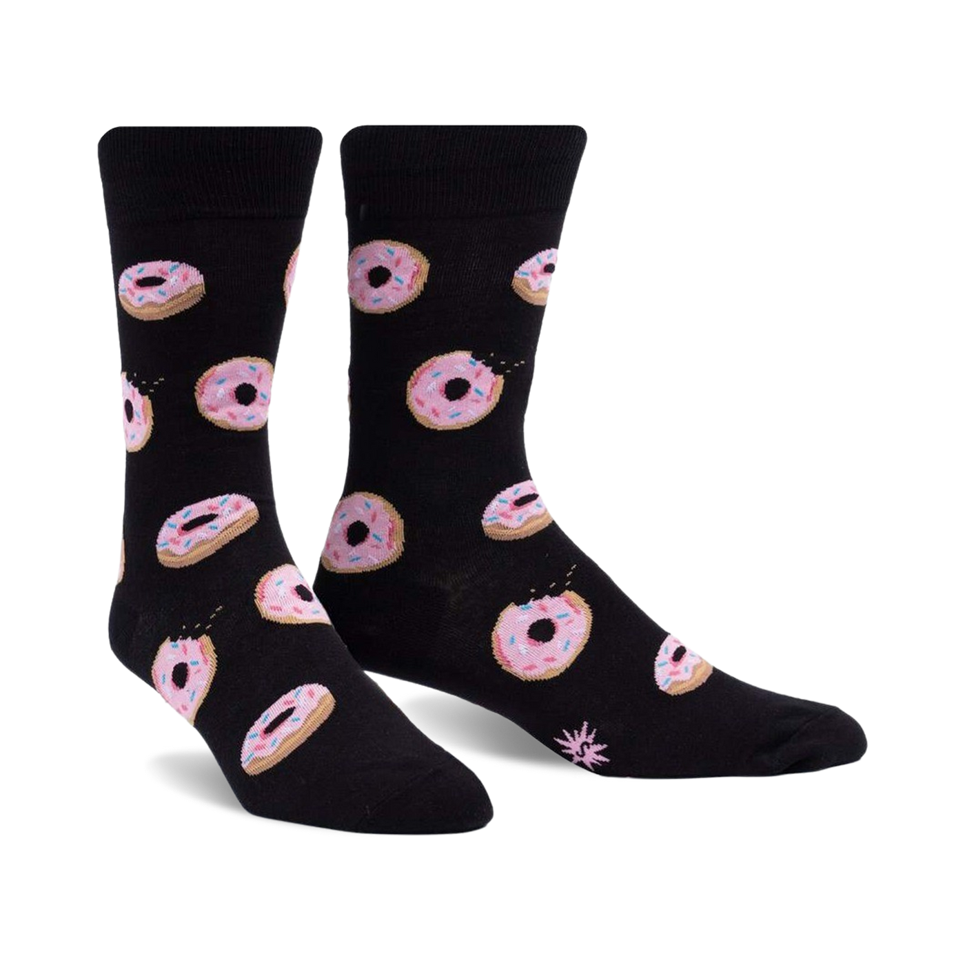 Pair of black crew socks with pink glazed donut pattern. Donuts have sprinkles and some are slightly 'bitten'.