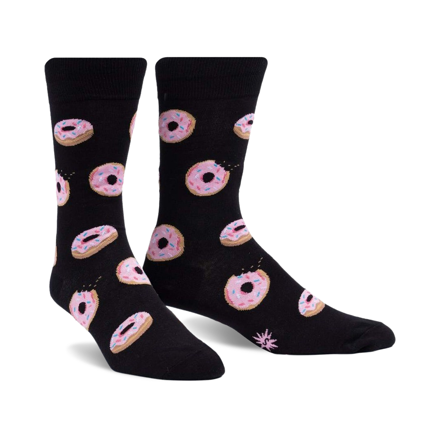 Pair of black crew socks with pink glazed donut pattern. Donuts have sprinkles and some are slightly 'bitten'.