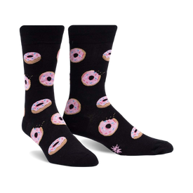 black crew socks for men with a pattern of pink donuts with sprinkles.  