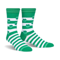 Pair of green and white striped crew socks featuring shamrock patterns. 
