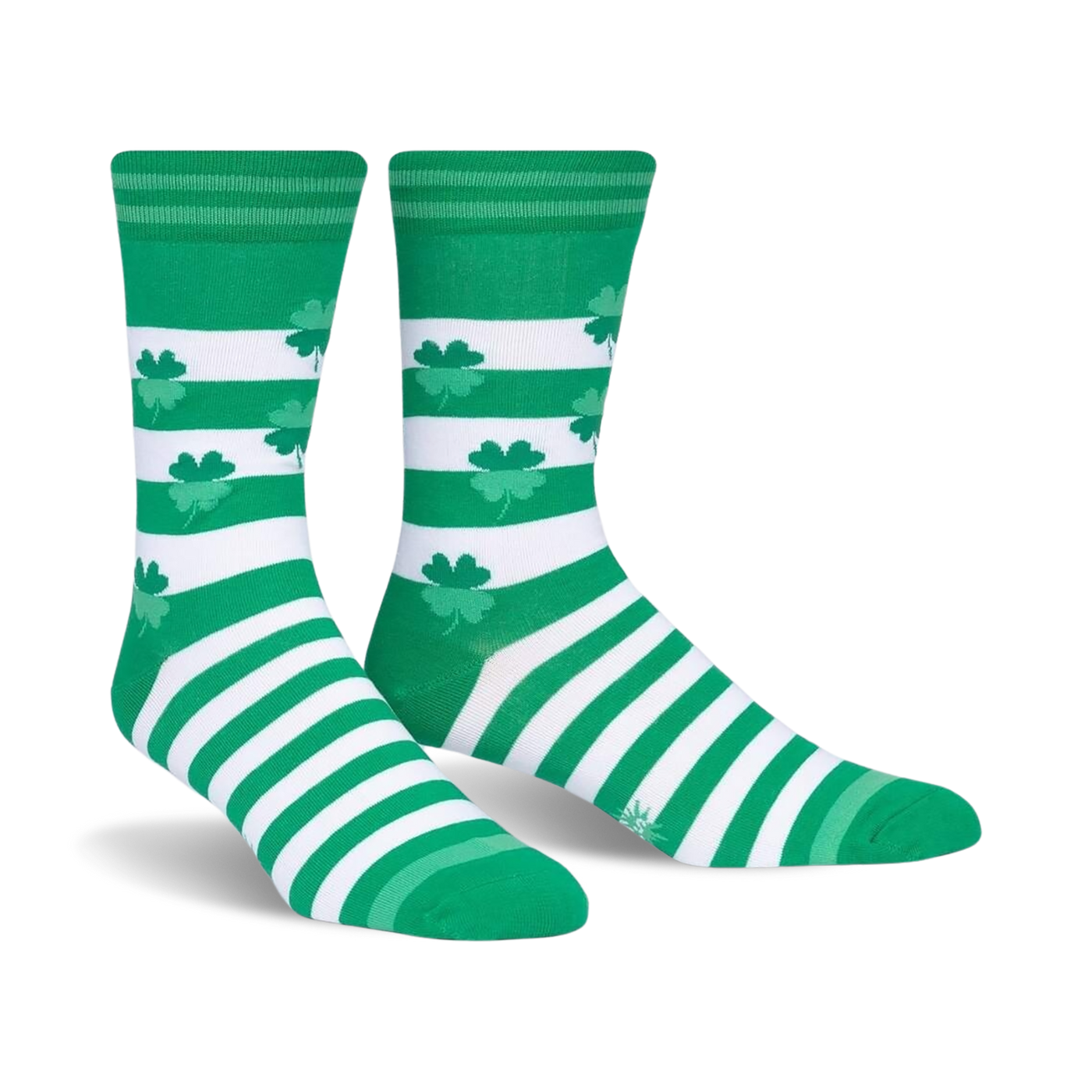 Pair of green and white striped crew socks featuring shamrock patterns. 