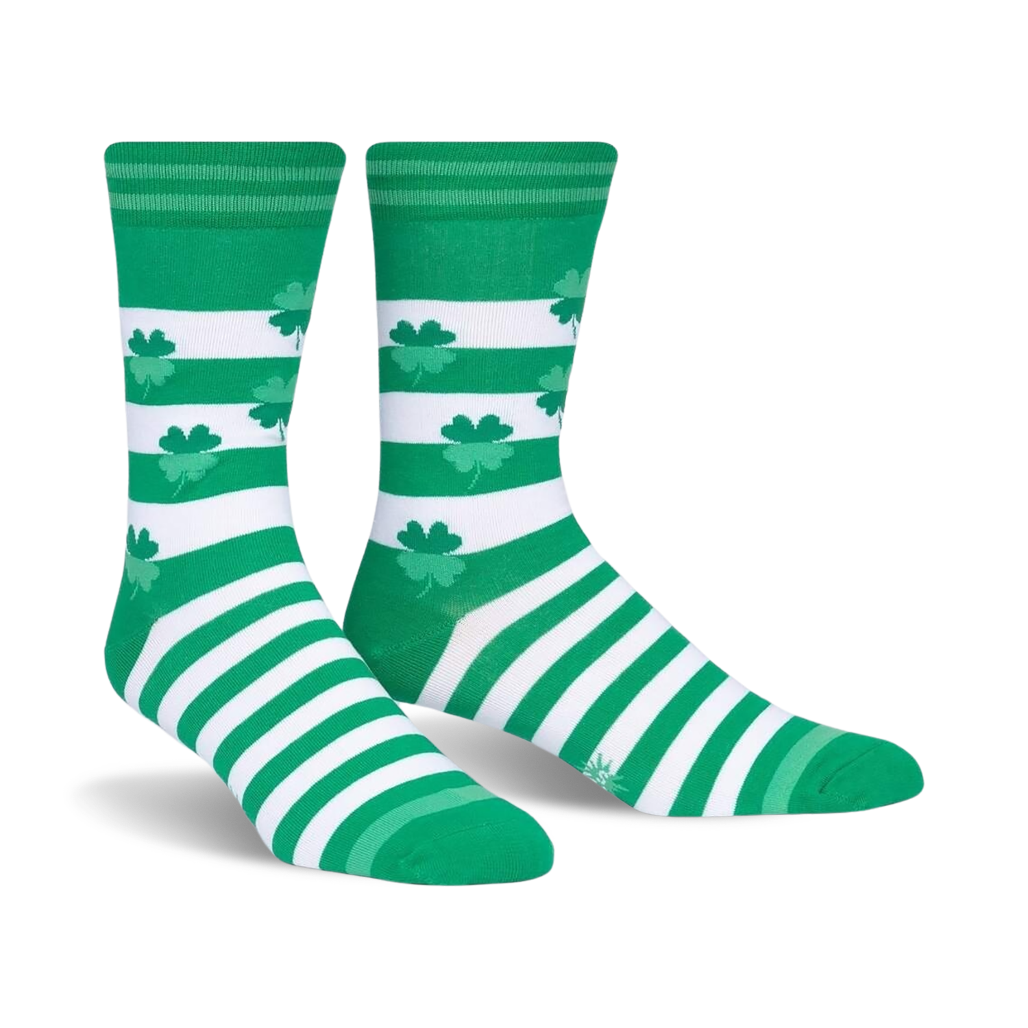 Pair of green and white striped crew socks featuring shamrock patterns. 