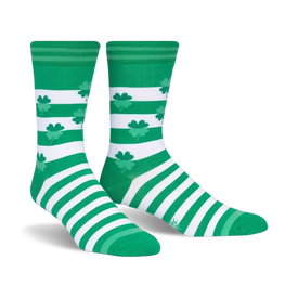 white crew socks with green stripes and four-leaf clovers celebrate st. patrick's day in style.   