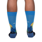 Back view of the Loch Ness socks on a person's legs.  Shows the full sock design from behind.