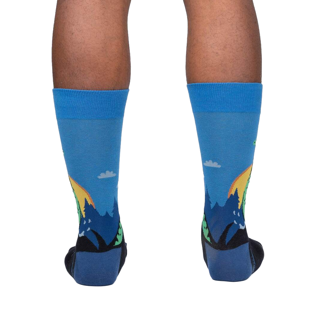 Back view of the Loch Ness socks on a person's legs.  Shows the full sock design from behind.