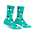Pair of teal crew socks with a repeating pattern of black and yellow bees. 
