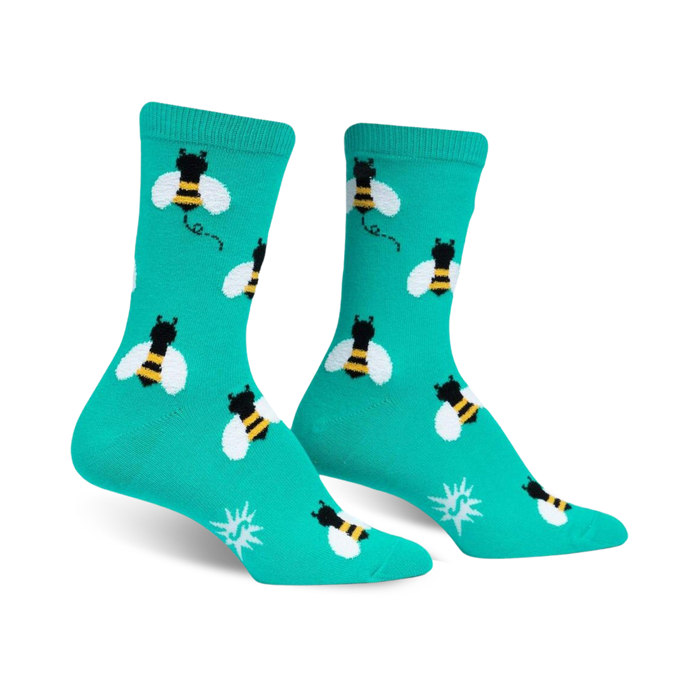 Pair of teal crew socks with a repeating pattern of black and yellow bees. 