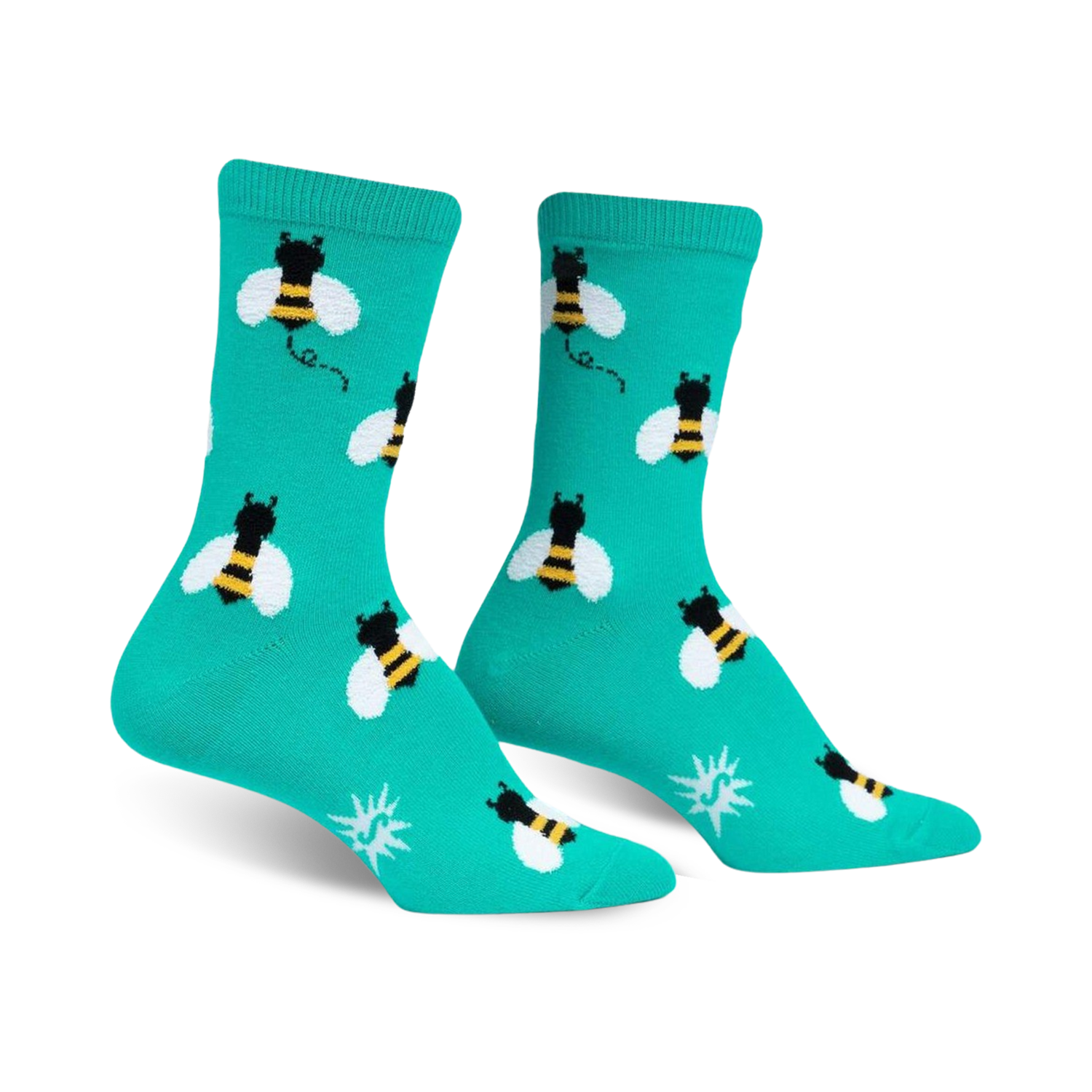 Pair of teal crew socks with a repeating pattern of black and yellow bees. 