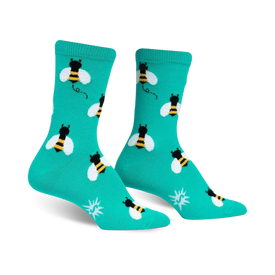 teal crew socks with black and yellow cartoon bees; pattern includes white wings; great for women.  