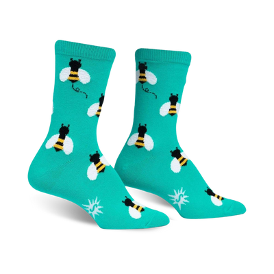 teal crew socks with black and yellow cartoon bees; pattern includes white wings; great for women.  