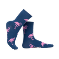 Lifestyle shot of a person's legs wearing the flamingo socks, highlighting their fit and feel.