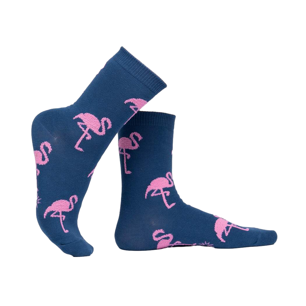 Lifestyle shot of a person's legs wearing the flamingo socks, highlighting their fit and feel.