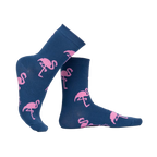 Lifestyle shot of a person's legs wearing the flamingo socks, highlighting their fit and feel.