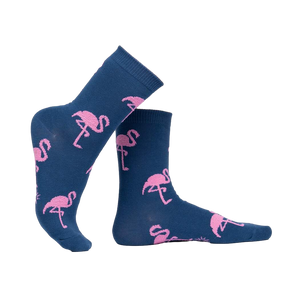 Lifestyle shot of a person's legs wearing the flamingo socks, highlighting their fit and feel.