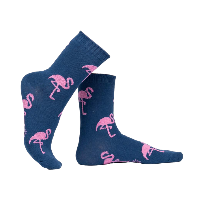 Lifestyle shot of a person's legs wearing the flamingo socks, highlighting their fit and feel.