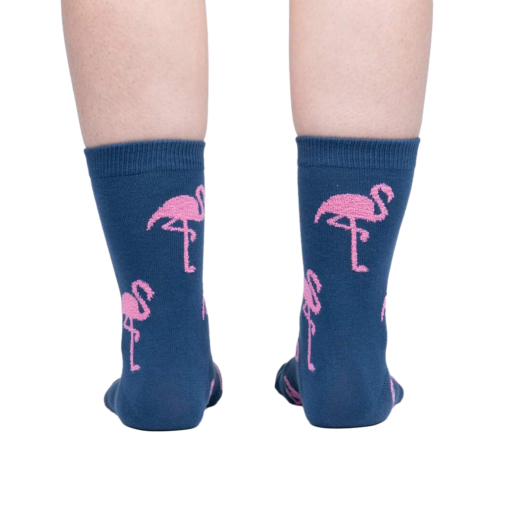 Back view of the flamingo socks emphasizing the design's continuation around the entire sock.