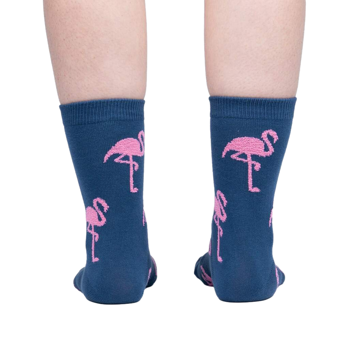 Back view of the flamingo socks emphasizing the design's continuation around the entire sock.