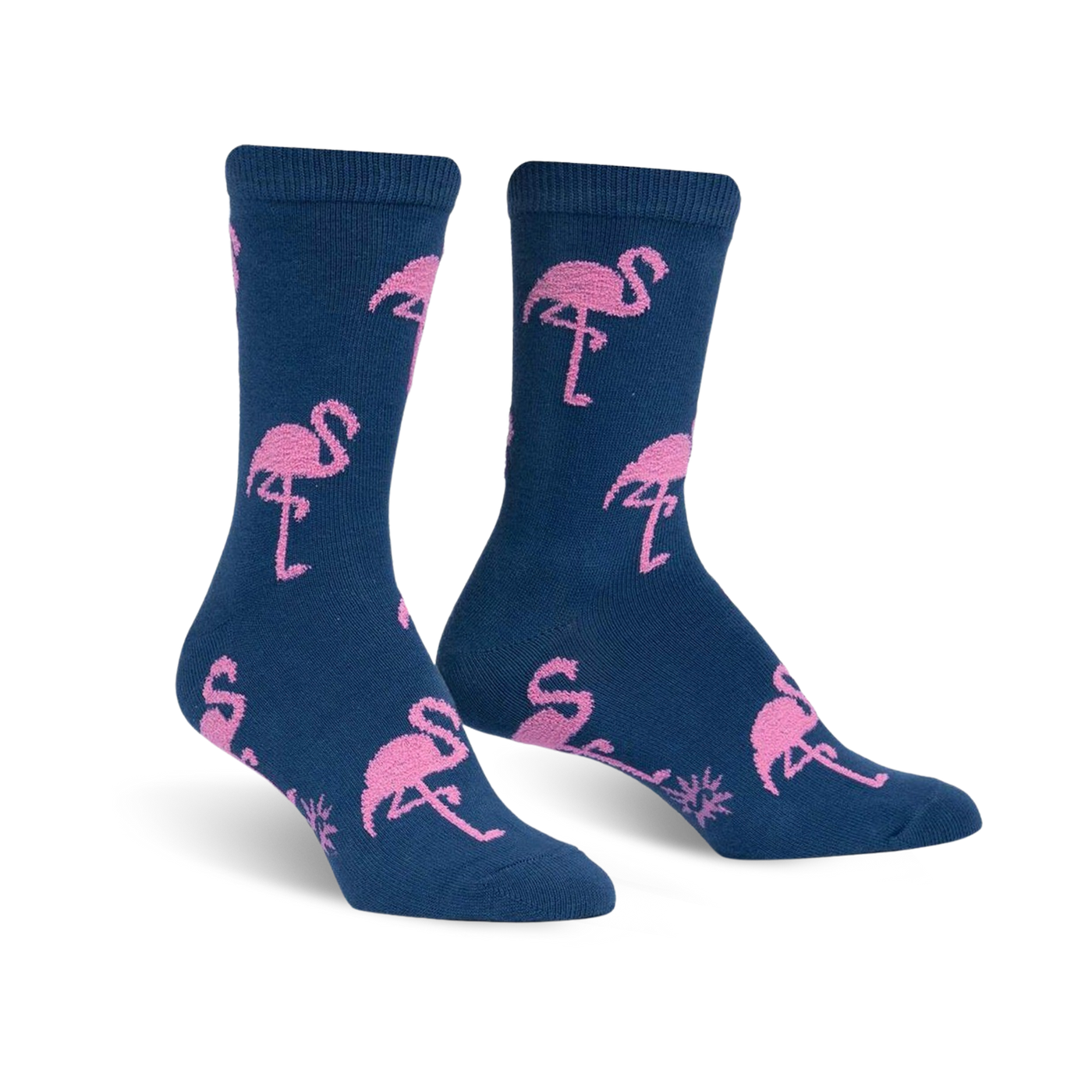 Pair of navy blue crew socks with a pink flamingo pattern.  The socks are fuzzy and feature repeating flamingo designs.