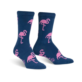 crew socks with flamingo pattern in pink and blue, for women.  