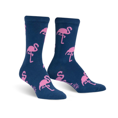 crew socks with flamingo pattern in pink and blue, for women.  