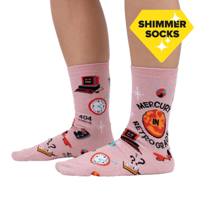 Lifestyle shot showing the 'Mercury in Retrograde' socks on a person's feet, highlighting the shimmer and fit.