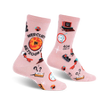 Pair of pink crew socks with a 'Mercury in Retrograde' theme.  Features retro-style graphics, clocks, question marks, and a glittery finish.