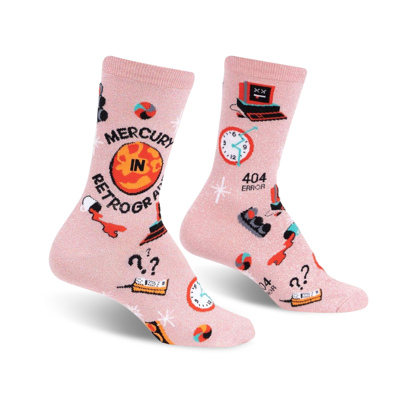 Pair of pink crew socks with a 'Mercury in Retrograde' theme.  Features retro-style graphics, clocks, question marks, and a glittery finish.