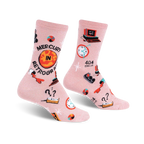 Pair of pink crew socks with a 'Mercury in Retrograde' theme.  Features retro-style graphics, clocks, question marks, and a glittery finish.