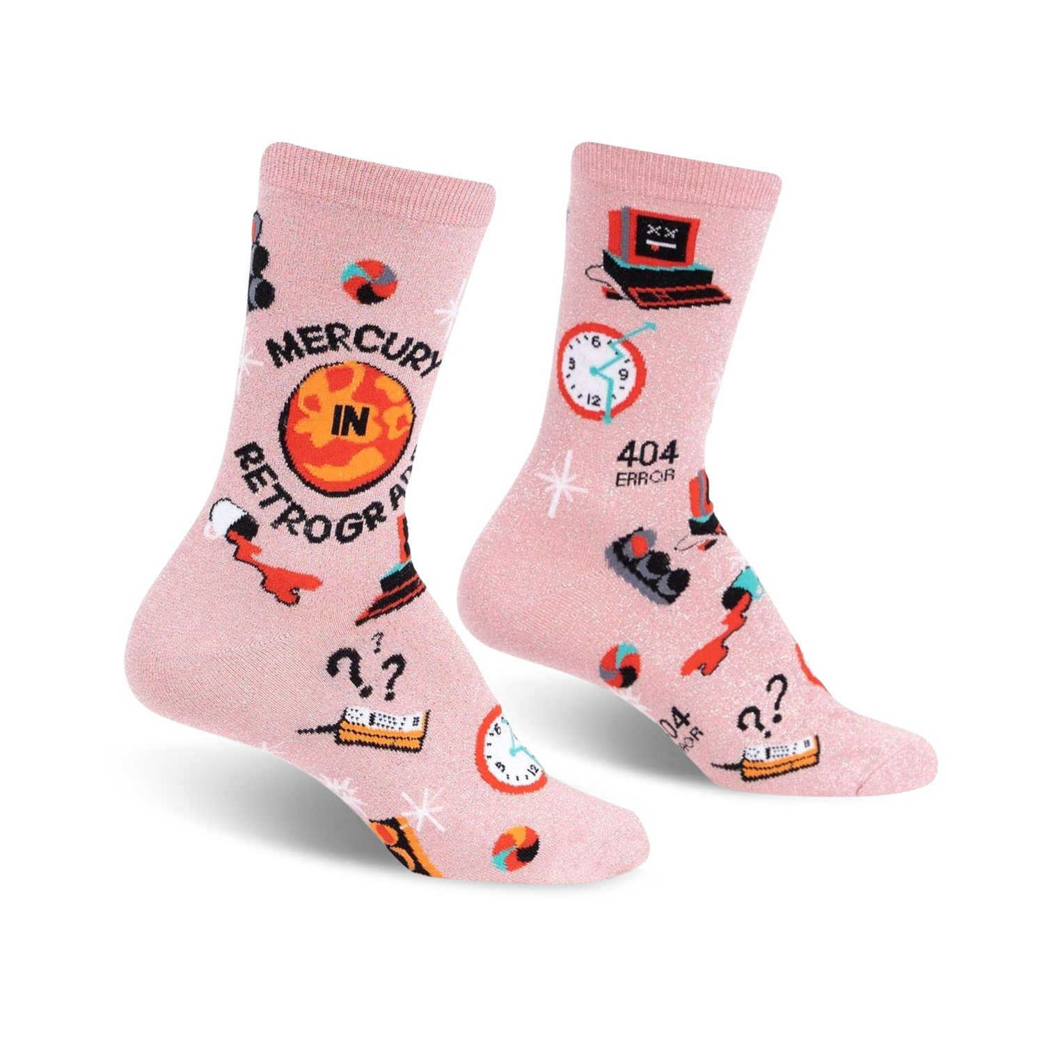Pair of pink crew socks with a 'Mercury in Retrograde' theme.  Features retro-style graphics, clocks, question marks, and a glittery finish.