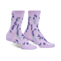 Pair of lavender crew socks with a whimsical bee and lavender floral print.