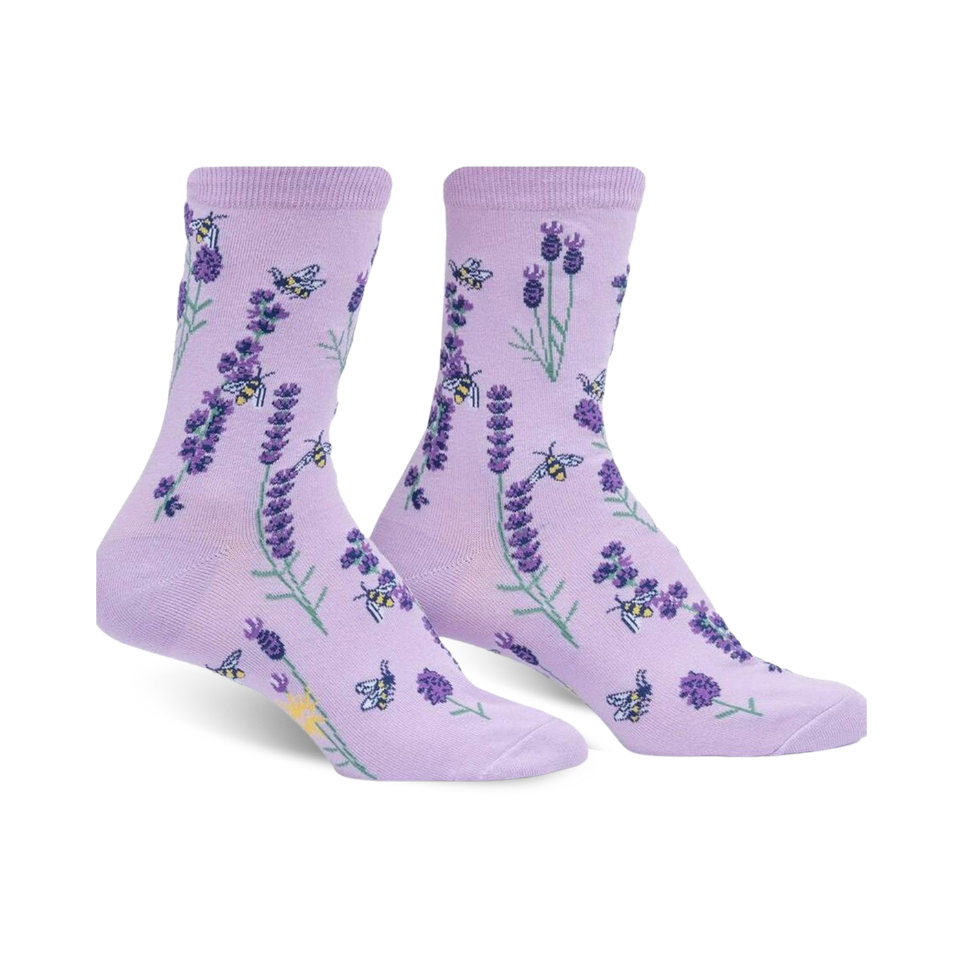 Pair of lavender crew socks with a whimsical bee and lavender floral print.