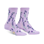 Pair of lavender crew socks with a whimsical bee and lavender floral print.