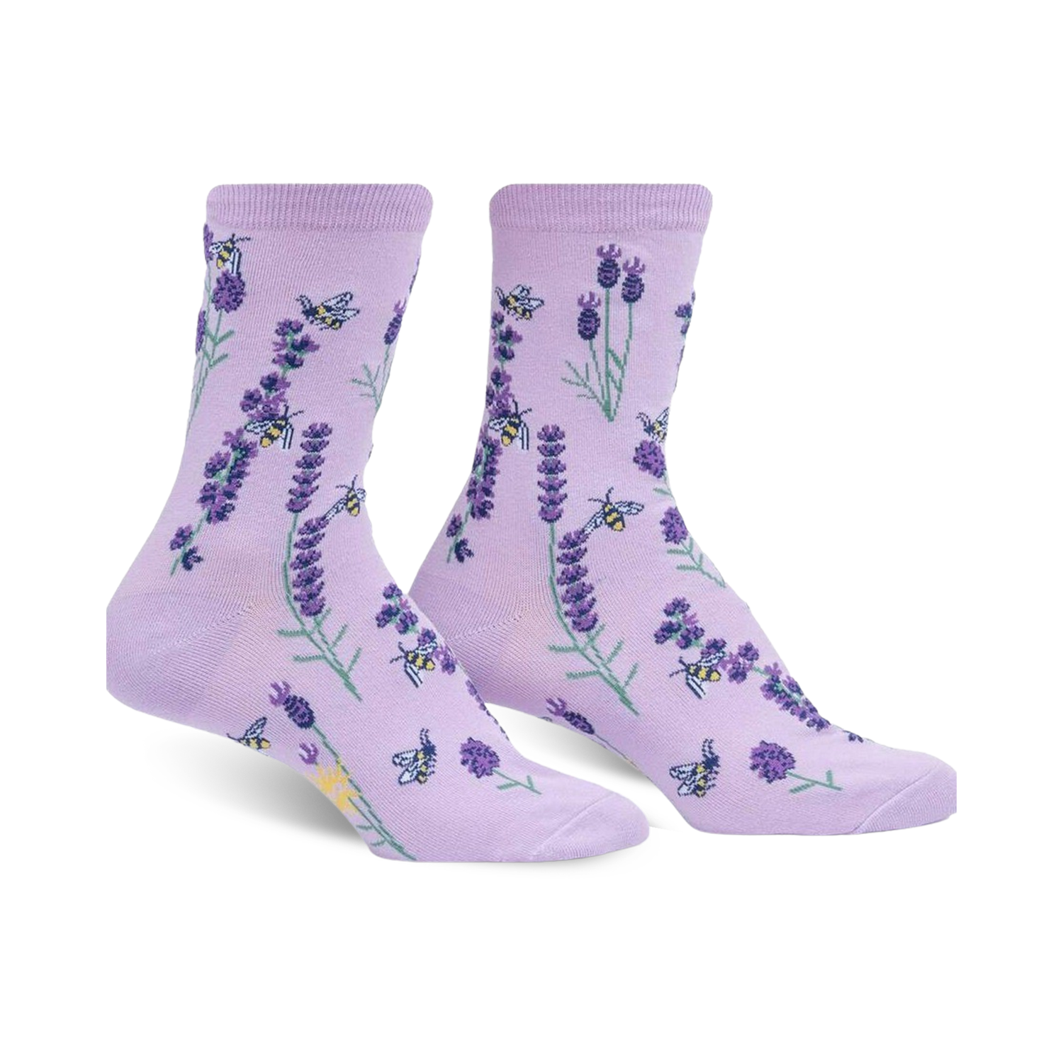 Pair of lavender crew socks with a whimsical bee and lavender floral print.