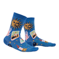 Lifestyle shot showing the 'It's In The Cards Shimmer' socks on a person's legs. The socks are blue with celestial and tarot-inspired designs.