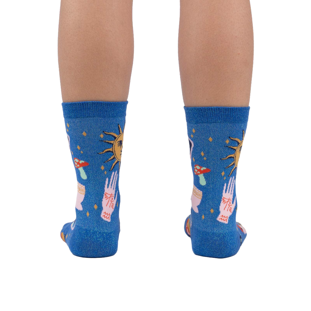 Back view of the 'It's In The Cards Shimmer' socks, highlighting the full design on the back of the socks.
