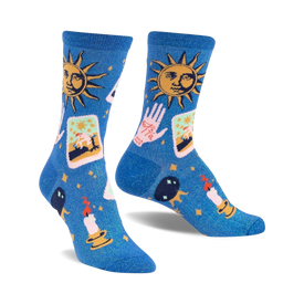blue crew socks featuring tarot cards, a hand, the sun, a candle, and stars. funky and celestial themed.  