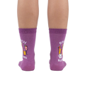 Rear view of a pair of purple Brunch Buddies shimmer socks, showcasing the design on both socks.