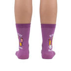 Rear view of a pair of purple Brunch Buddies shimmer socks, showcasing the design on both socks.