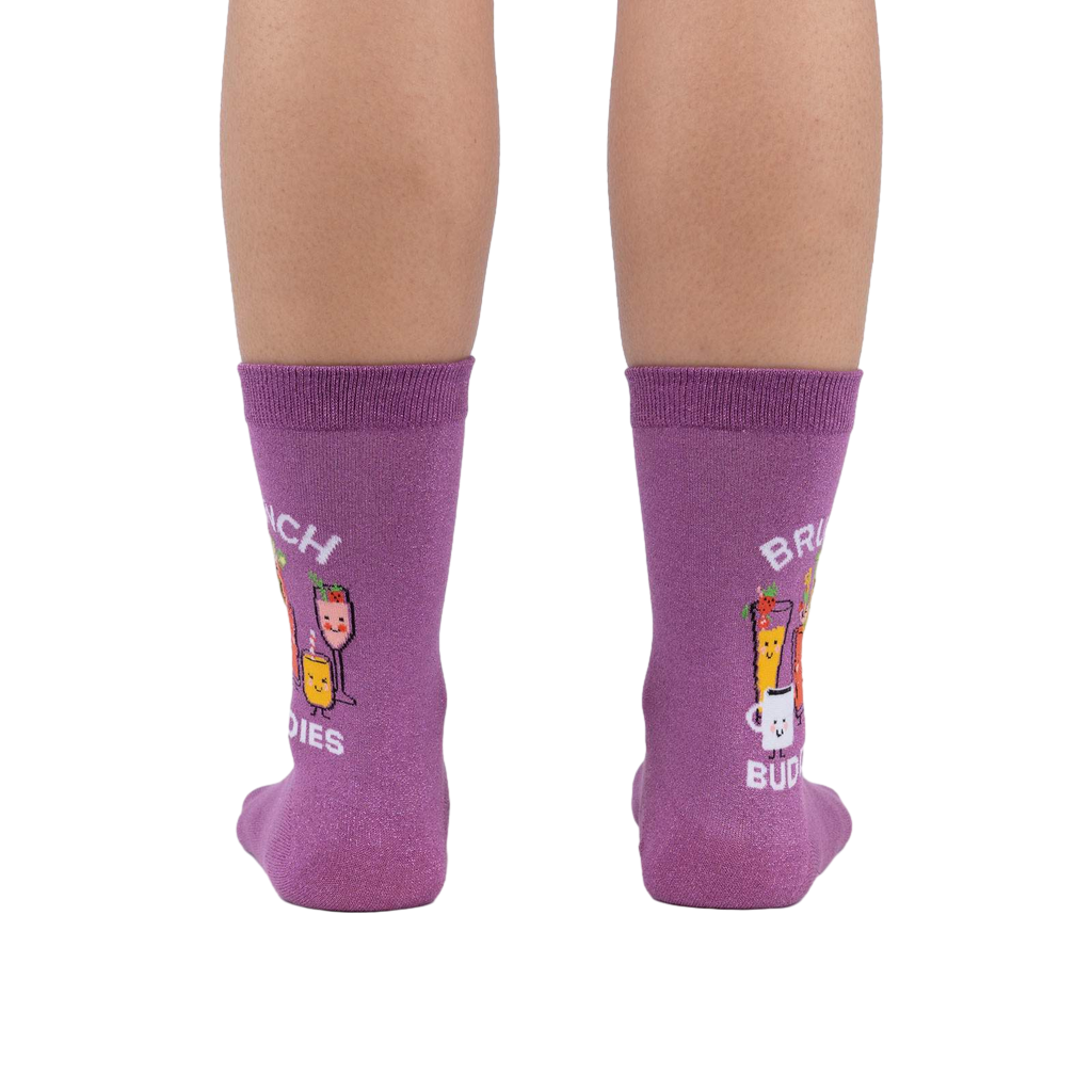 Rear view of a pair of purple Brunch Buddies shimmer socks, showcasing the design on both socks.