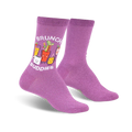 Purple crew socks with a whimsical design of cartoon brunch cocktails and the text 'Brunch Buddies'.  They have a subtle shimmer.