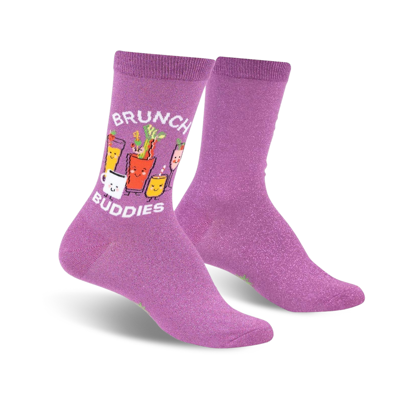 Purple crew socks with a whimsical design of cartoon brunch cocktails and the text 'Brunch Buddies'.  They have a subtle shimmer.