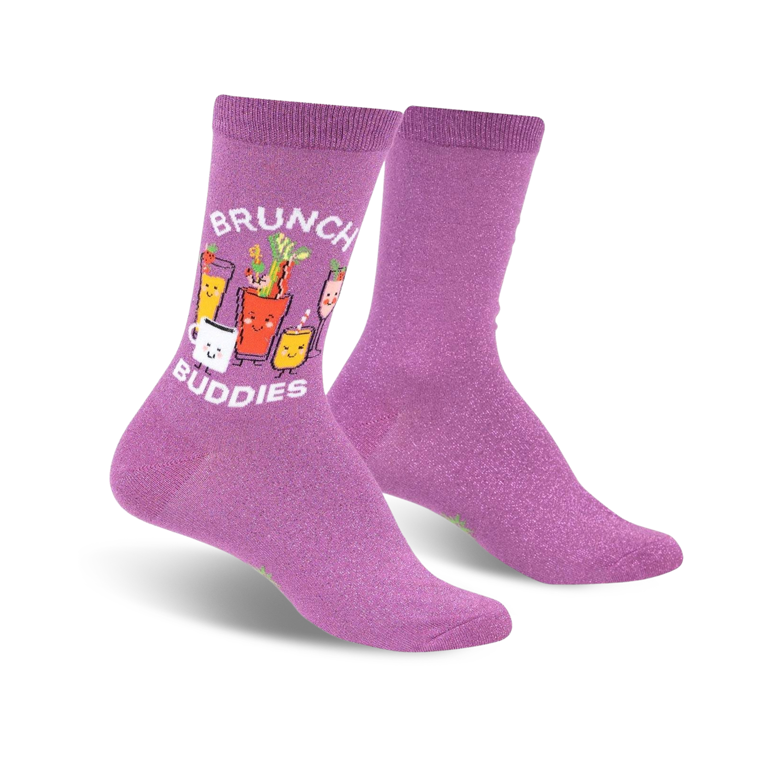 Purple crew socks with a whimsical design of cartoon brunch cocktails and the text 'Brunch Buddies'.  They have a subtle shimmer.
