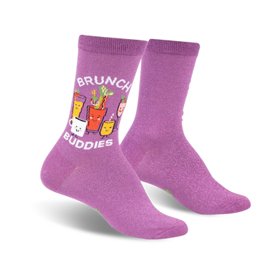 purple crew socks with "brunch buddies" and cartoon images of coffee, bloody mary and mimosa drinks.  