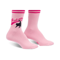 Pair of pink crew socks featuring a black cat graphic and 'Bad Ass' text in a pink retro-style banner.  Pink and black color scheme.