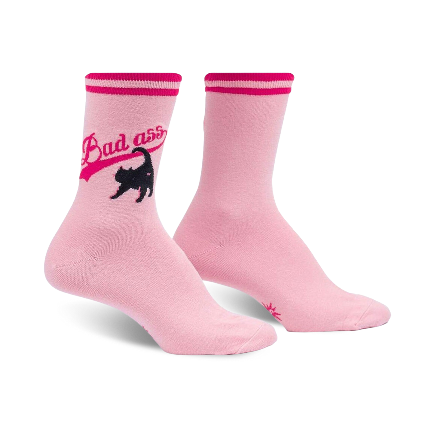 Pair of pink crew socks featuring a black cat graphic and 'Bad Ass' text in a pink retro-style banner.  Pink and black color scheme.