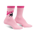 Pair of pink crew socks featuring a black cat graphic and 'Bad Ass' text in a pink retro-style banner.  Pink and black color scheme.