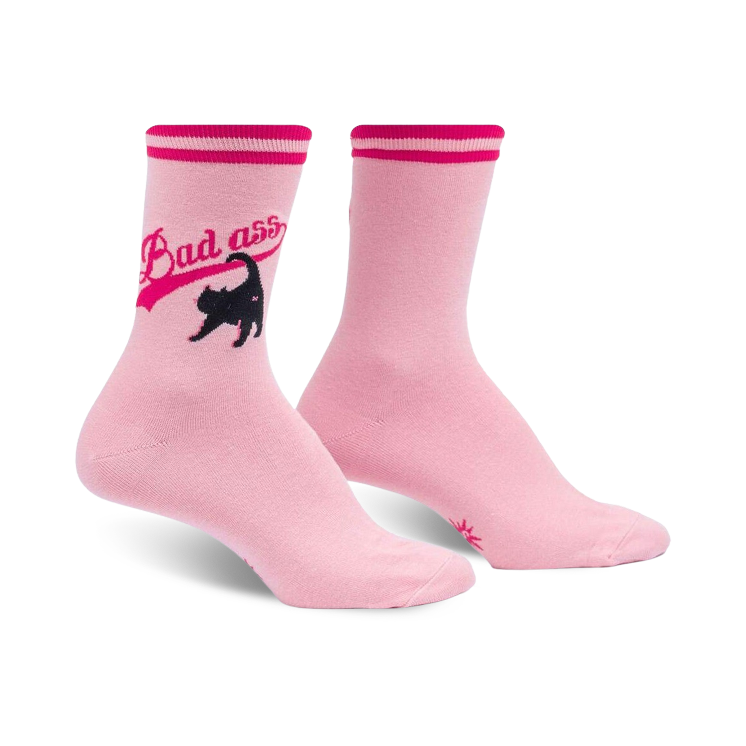 Pair of pink crew socks featuring a black cat graphic and 'Bad Ass' text in a pink retro-style banner.  Pink and black color scheme.